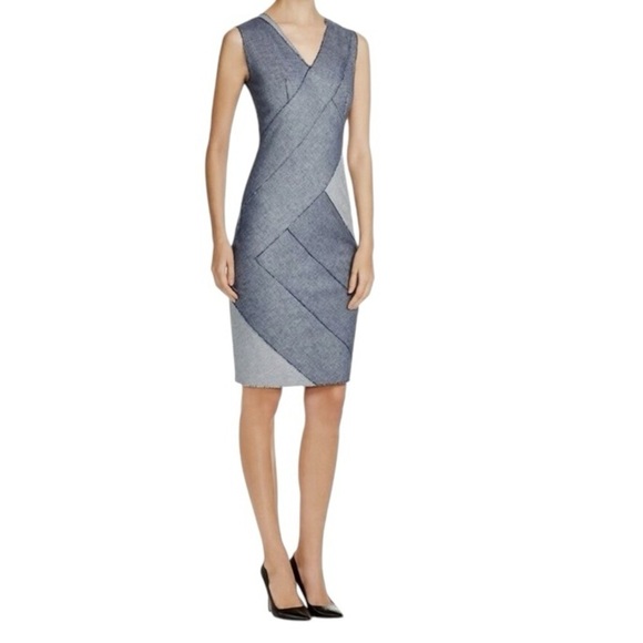 Elie Tahari Indigo 'Judith' Sleeveless Patch Sheath Raw Edge Dress Size 6 - Picture 2 of 13